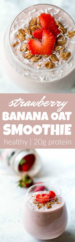 Strawberry Banana Oat Breakfast Smoothie Running With Spoons