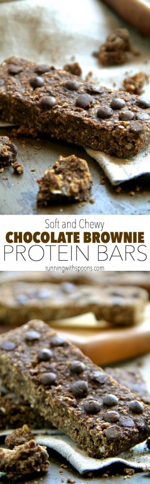 soft and chewy chocolate brownie protein bars - . running with spoons